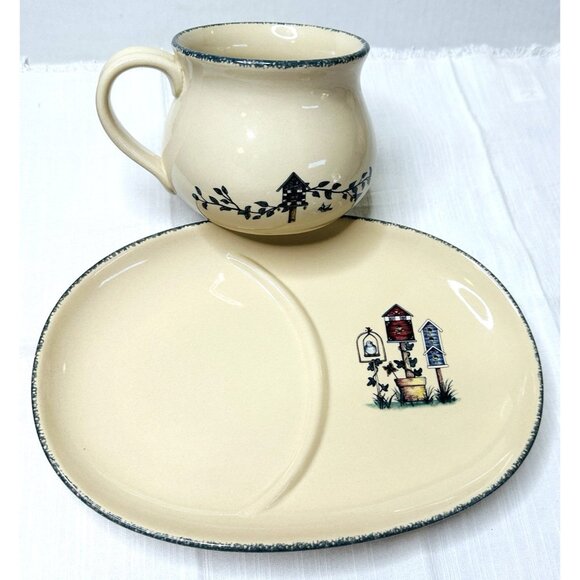 Home & Garden Party Birdhouses Stoneware Soup Bowl & Sandwich Plate Platter Set - Picture 1 of 13